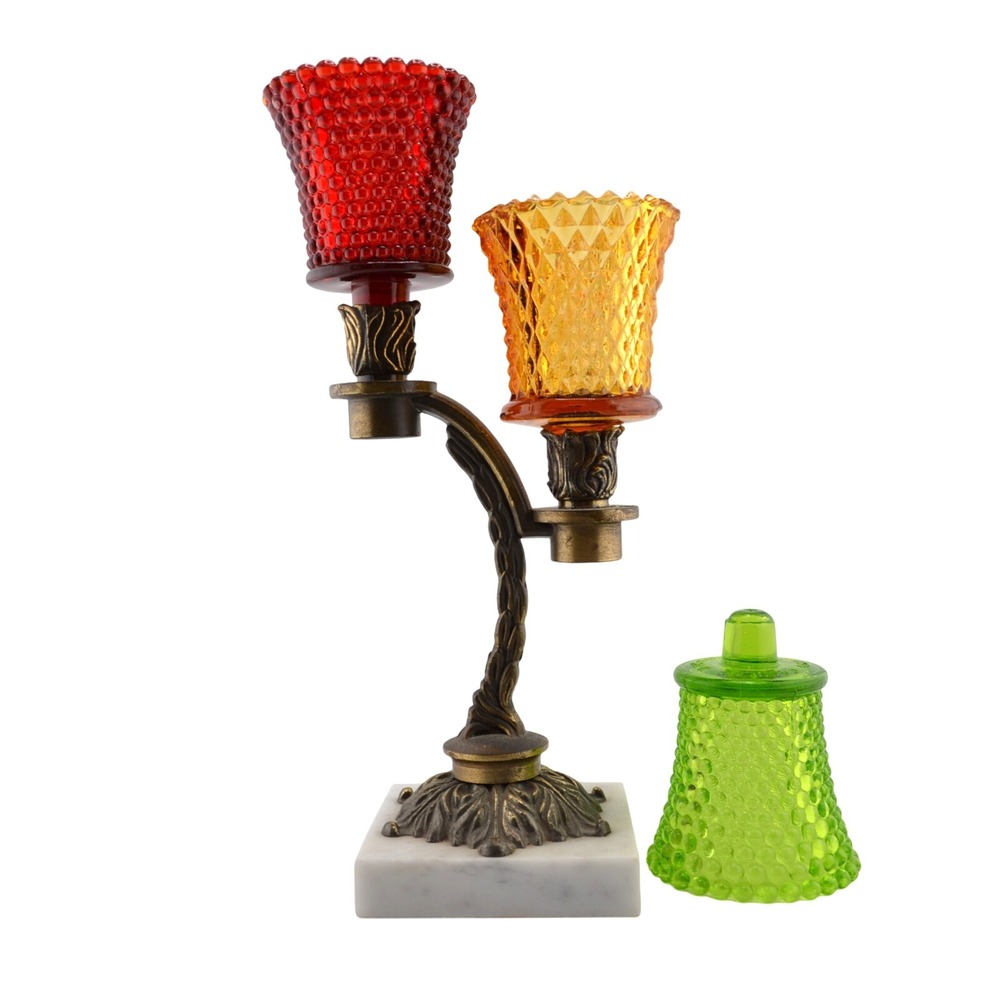 Vintage Glass Candle Holder Candelabra Marble Base Red Yellow‎ Green Set